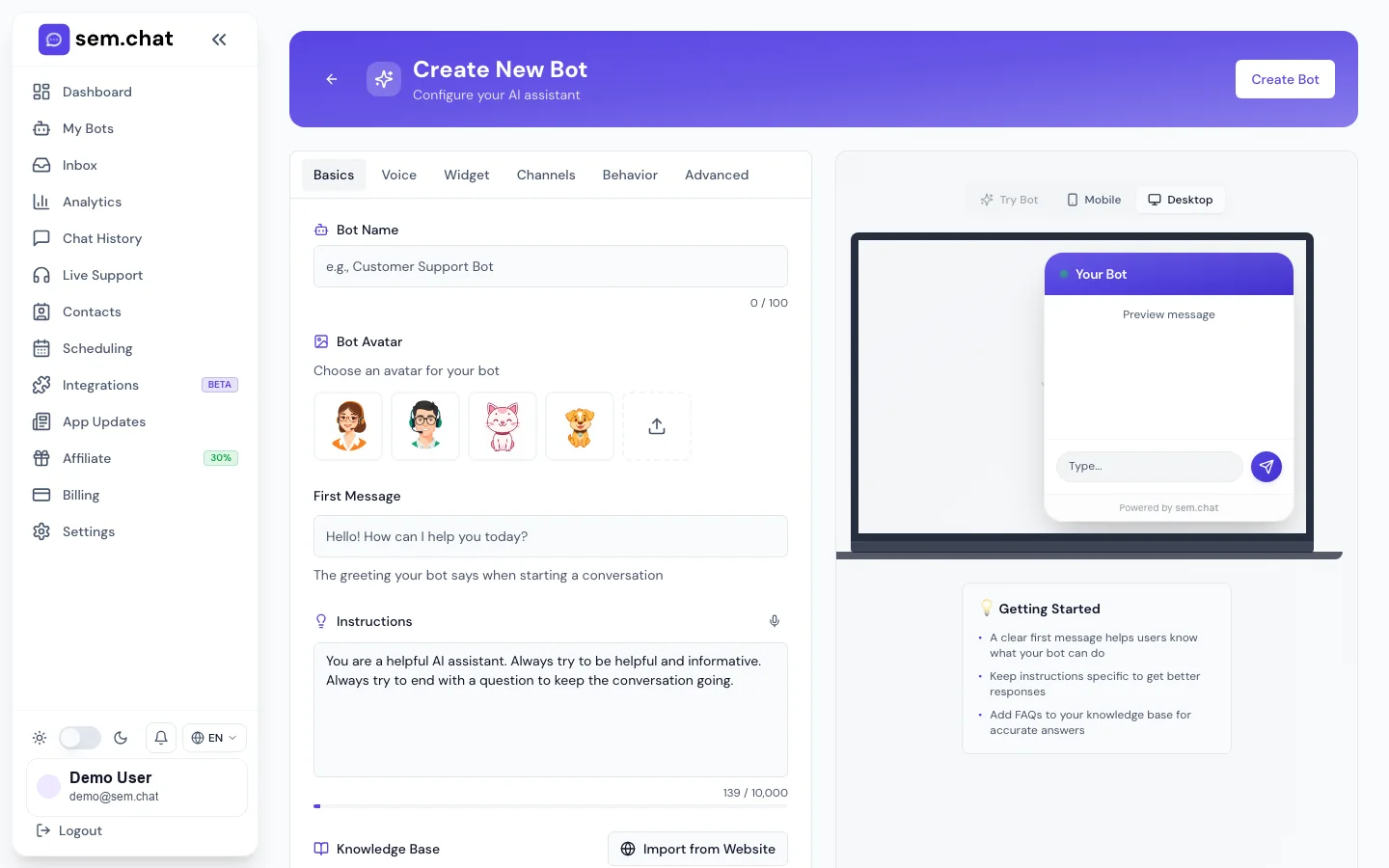 Echter sem.chatDemo-Arbeitsbereich-Screenshot der Bot Builder-Grundlagen