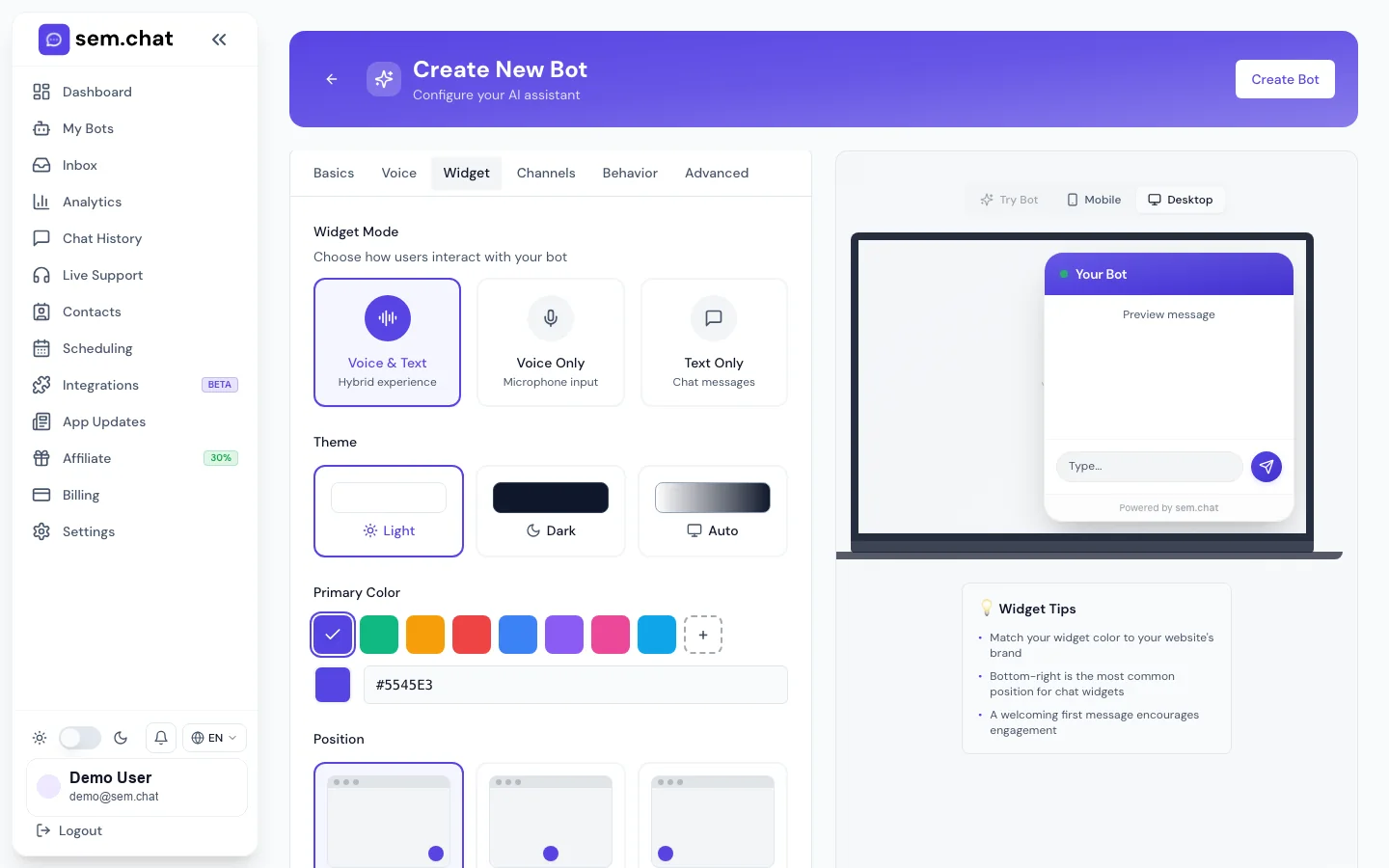 Echter Demo-Arbeitsbereich-Screenshot der Widget-Einstellungen