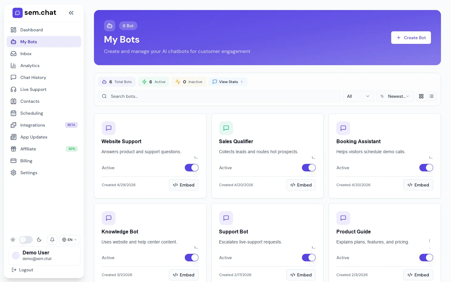 Echter CRM Software Pro Demo-Arbeitsbereichs-Screenshot für Bots und Bot Builder