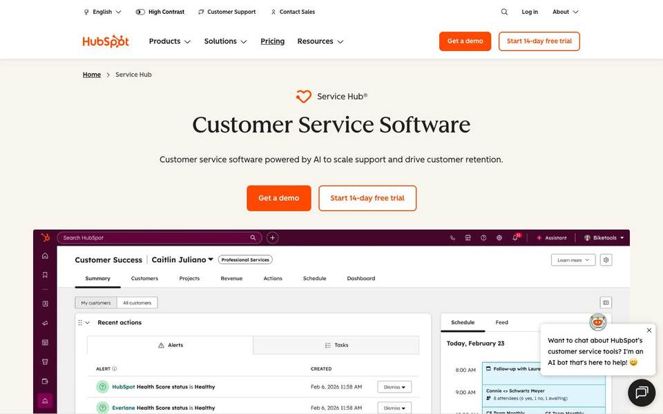 HubSpot Service Hub page screenshot