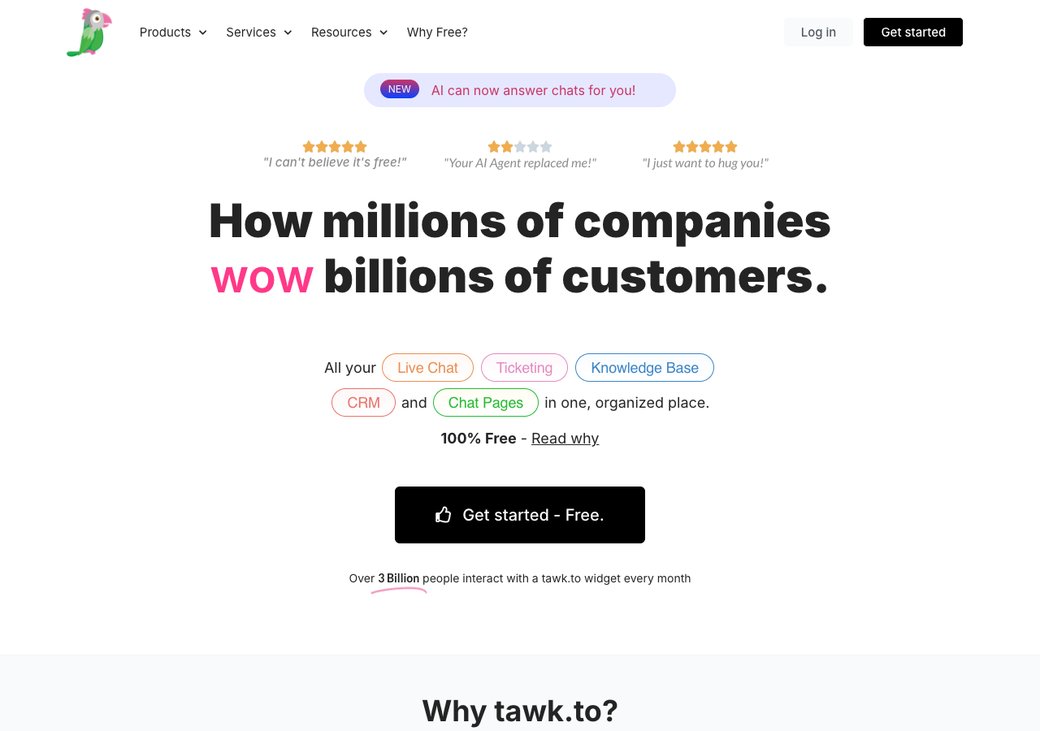 Tawk.to homepage showing free live chat for unlimited agents