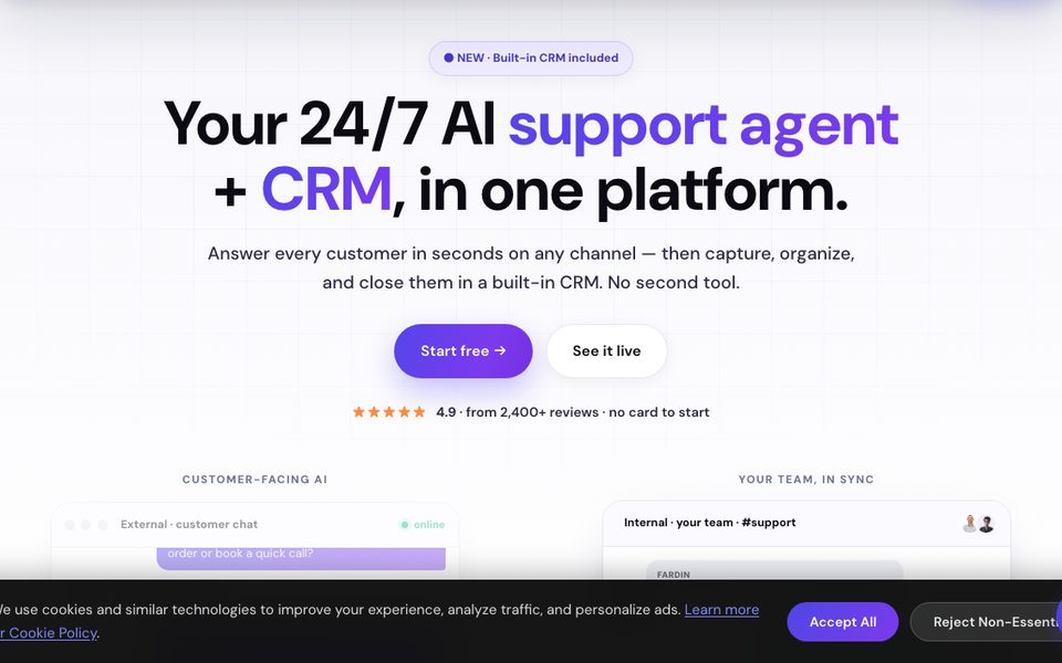 CRM Software Pro homepage showing AI chat and voice agents